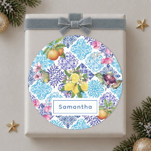 Sizilianische Zitrus-Blumen-Mittelmeer-Azulejo-Fli Runder Aufkleber