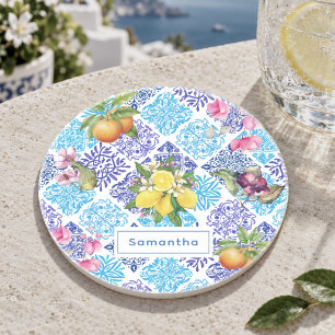 Sizilianische Zitrus Blüten- Mittelmeer- Azulejo-F Getränkeuntersetzer