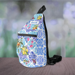 Sizilianischer Blau Gelber Azulejo Zitrus Blumenfl Crossbody Bag