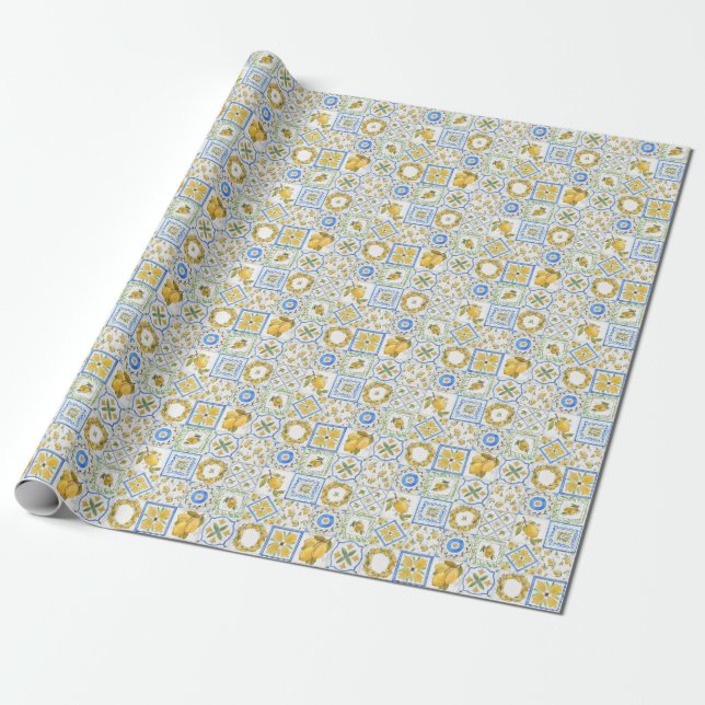 Sizilianisches Lemons Watercolor Square Muster Geschenkpapier (Ungerollt)