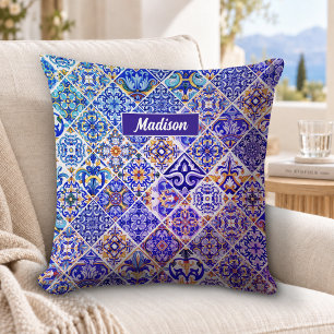 Sizilianisches Lila Blaues Talavera-Mosaikmuster Kissen
