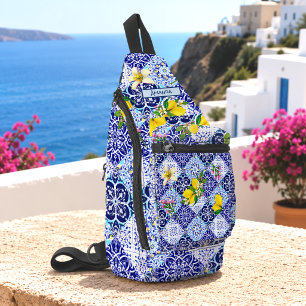 Sizilianisches Mittelmeer-Blau-Zitrus-Keramikflies Crossbody Bag