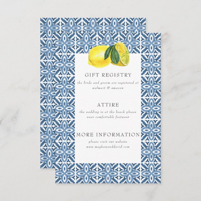 Sizilianisches Mittelmeer Blue Tiles Lemon Wedding Begleitkarte (Vorne/Hinten)