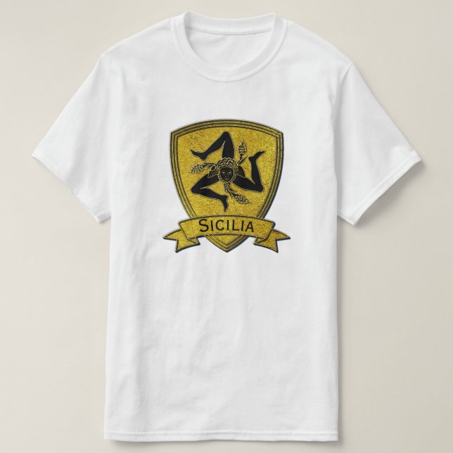 Sizilianisches Trinacria Schwarzes u. Gold T-Shirt (Design vorne)