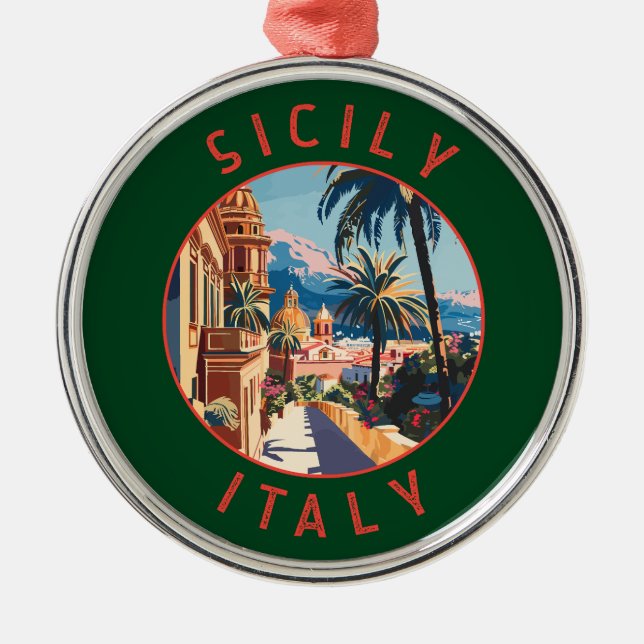 Sizilien Italien Retro Distressed Circle Ornament Aus Metall (Vorne)