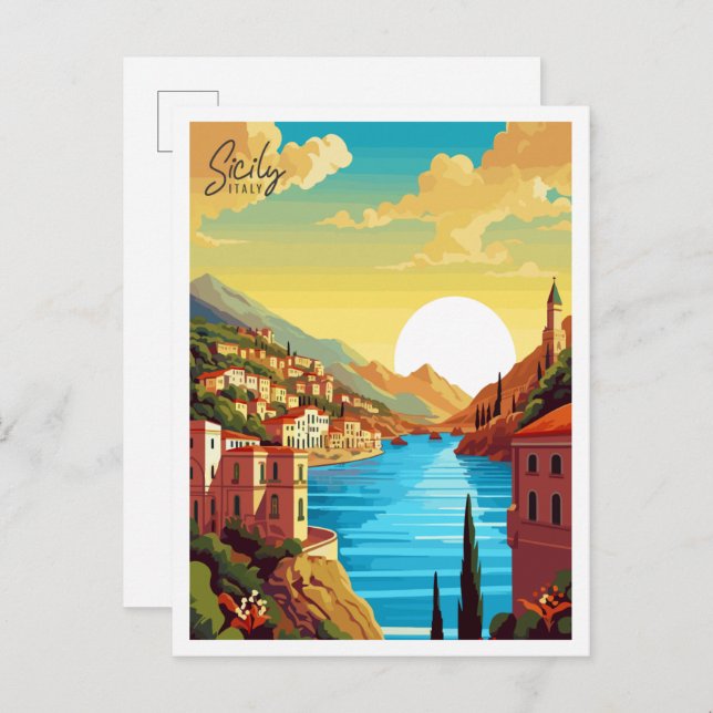 Sizilien Italien Vintage Reise Illustration Postkarte (Vorne/Hinten)