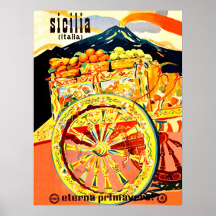 Sizilien, Italien, Wagen voll der Früchte, Vintag Poster
