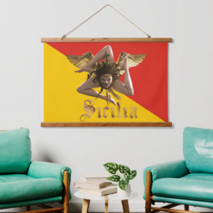 Sizilien (Sicilia) Trinacria und Flag Tapestry Wandteppich Mit Holzrahmen