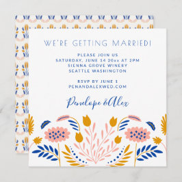 Skandi Folk Blume in Blue Lässig Square Wedding Einladung