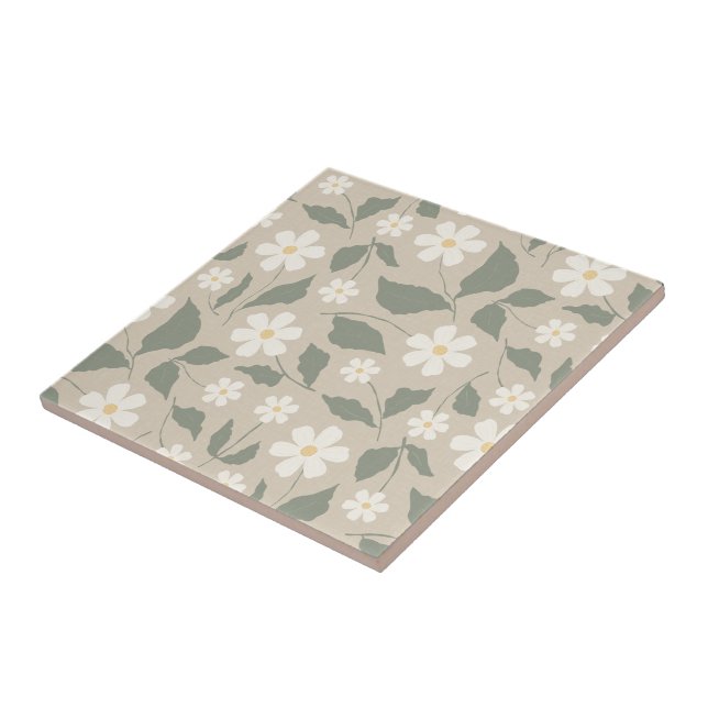 Skandi-Moderne Daisy-Blumenmuster in weichem Beige Fliese (Seite)