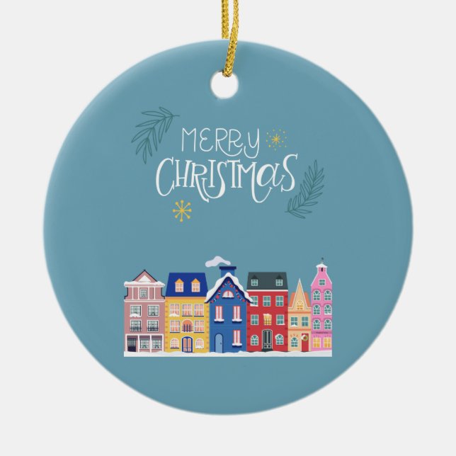 Skandi Nordic Houses Blaue Weihnachtsdekoration Keramik Ornament (Vorne)