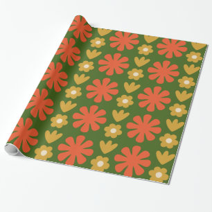 Skandi Retro-Blumenmuster Grün Orange Ocker Geschenkpapier