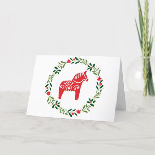 Skandinavian Christmas card Dala Horse and wreath Feiertagskarte