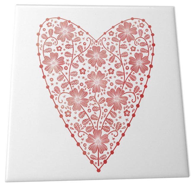 Skandinavien Rot Weiß Fliese (Red and white Scandinavian floral heart ceramic tile)