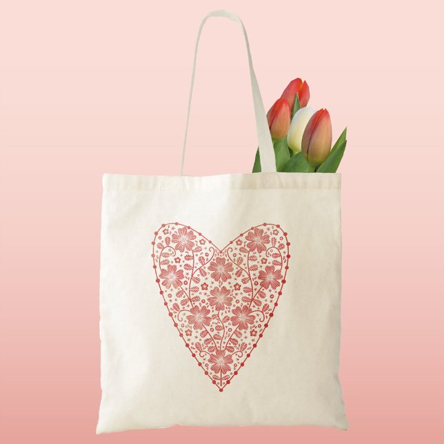 Skandinavien Rot Weiß Tragetasche (Scandinavian floral heart red and white tote bag)
