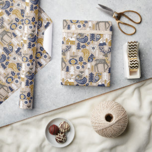 Skandinavien Weihnachten Niedliche Waldtiere Taupe Geschenkpapier