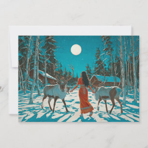 Skandinavien Winterurlaub, Reindeer Vollmond Feiertagskarte