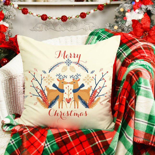 Skandinavier Hirsch Nordic Frohen Weihnachtsdesign Kissen (Scandinavian Folk Woodland Deer Throw Pillow - Cream)