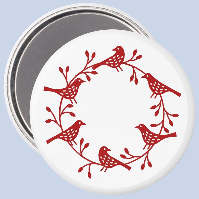 Skandinavier Kranz von Vögeln und Rosehips Magnet (Red and white Scandinavian bird wreath magnet)