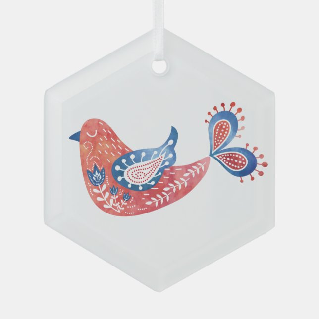 Skandinavier Roter Bird Folk Ornament Aus Glas (Vorderseite)