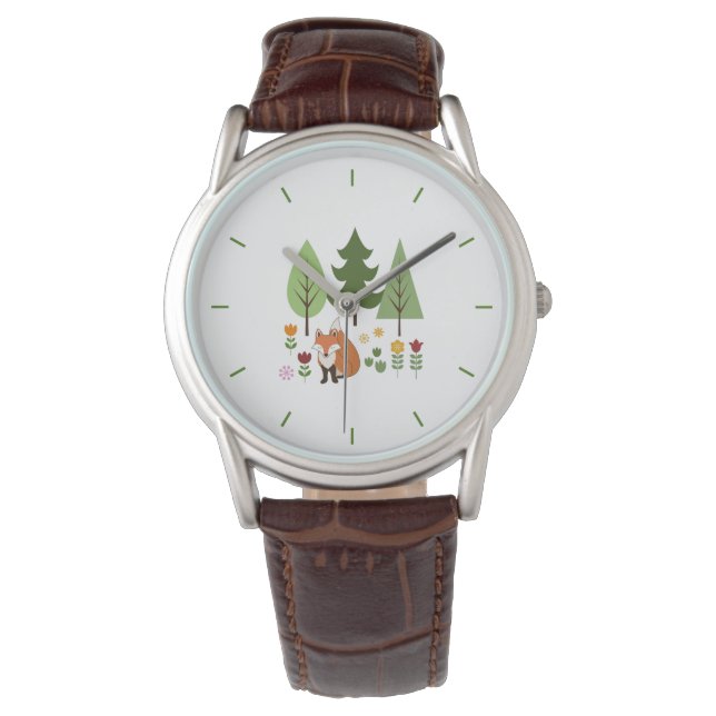 Skandinavier Stil Fox Blume Bäume Illustration Armbanduhr (Vorderseite)