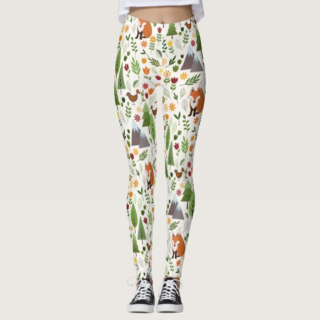 Skandinavische Art-Illustrationen auf Sahnemuster Leggings (Vorderseite)