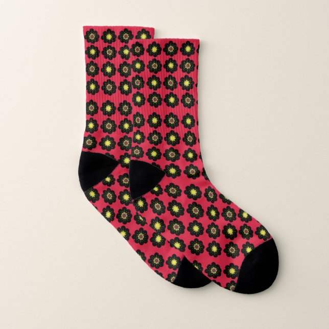 Skandinavische Blume Schwarz Rot Socken (Paar)
