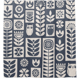Skandinavische Flora: Weiß, blau, Minimalistisch. Duschvorhang