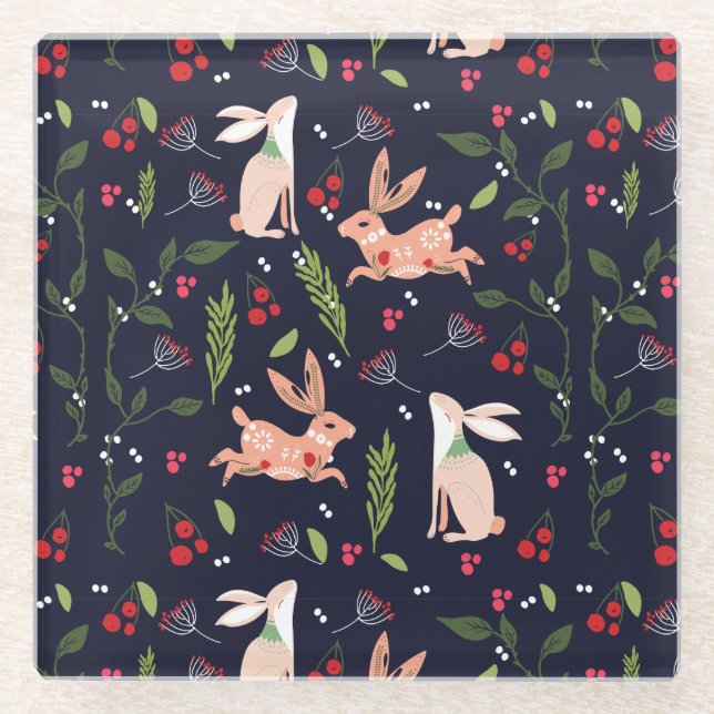 Skandinavische Folk Art Bunnies Glasuntersetzer (Vorderseite)