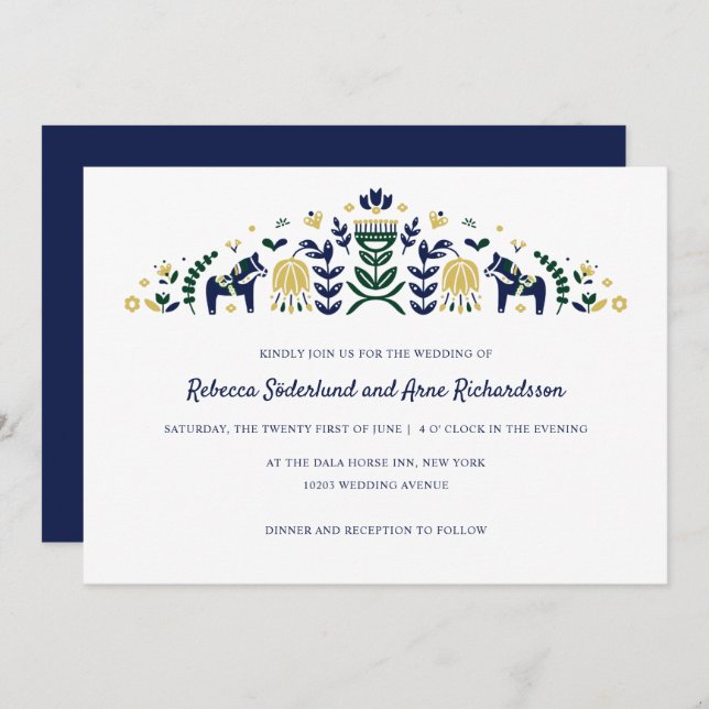 Skandinavische Folk Art Dala Blume CUSTOM V1 Einladung (Vorne/Hinten)