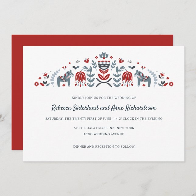 Skandinavische Folk Art Dala Blume Hochzeit Einladung (Vorne/Hinten)