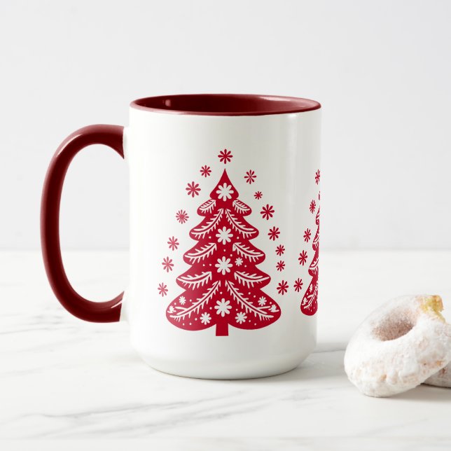 Skandinavische Folk Art Red Christmas Tree Kaffee Tasse (Mit Donut)