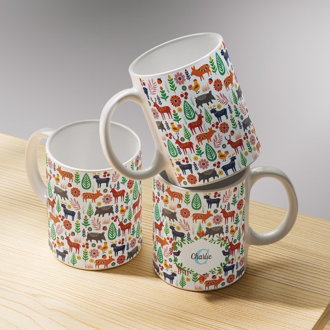 Skandinavische Folklorekunst Monogram Muster Boho  Kaffeetasse (Von Creator hochgeladen)