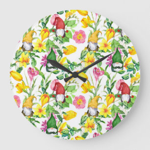 Skandinavische Gnome: Frühlingsblumenfarbe. Große Wanduhr