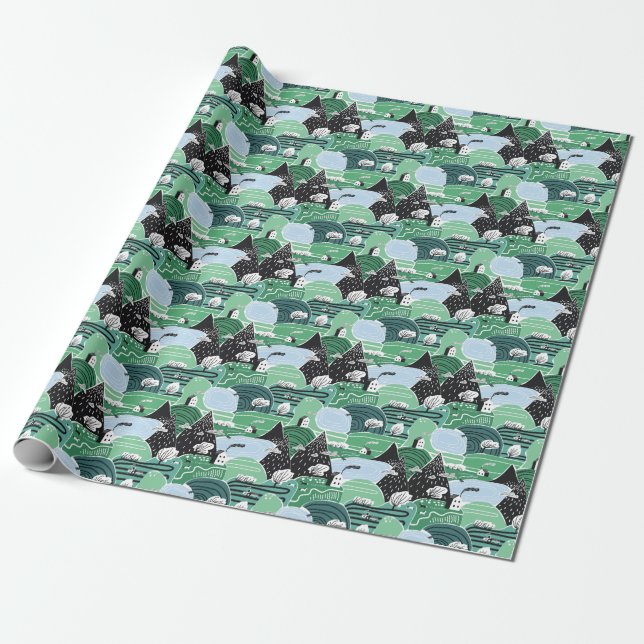 Skandinavische Häuser, Bäume, Bergbilder Geschenkpapier (Ungerollt)