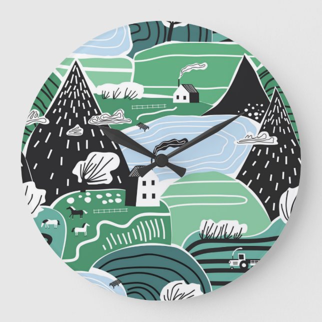 Skandinavische Häuser, Bäume, Bergbilder Große Wanduhr (Vorderseite)