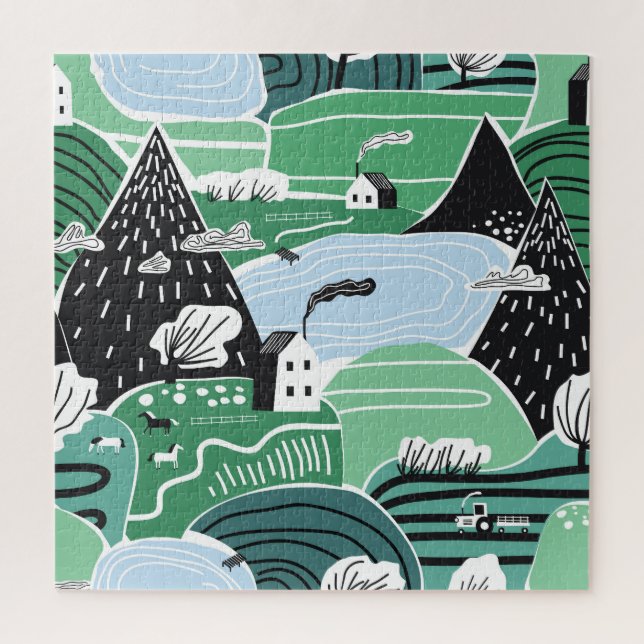 Skandinavische Häuser, Bäume, Bergbilder Puzzle (Vertikal)
