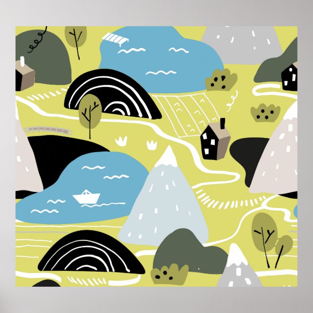 Skandinavische Häuser, Bäume, Gebirgsmuster. Poster (Vorne)