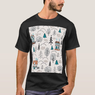 Skandinavische Häuser Wald Muster T-Shirt