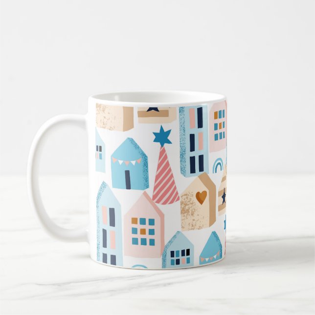 Skandinavische Häuser, Winter-Stimmungsmuster. Kaffeetasse (Links)