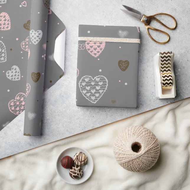 Skandinavische Herzen Rosa und Grau Geschenkpapier (Kunsthandwerk)
