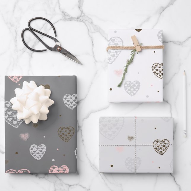Skandinavische Herzen Rosa und Grau Geschenkpapier Set (Vorderseite)