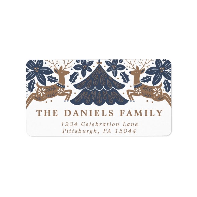 Skandinavische Holiday Reindeer Poinsettia Trees Adressaufkleber (Vorne)