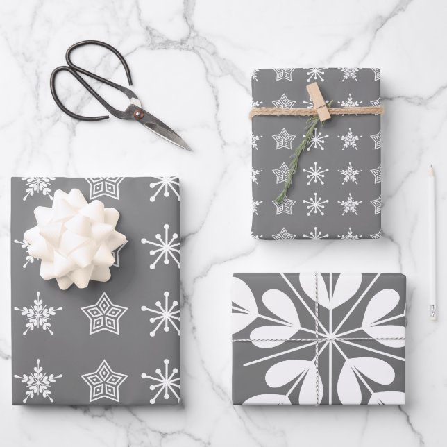 Skandinavische nordische Weihnachtssterne weiß gra Geschenkpapier Set (Vorderseite)
