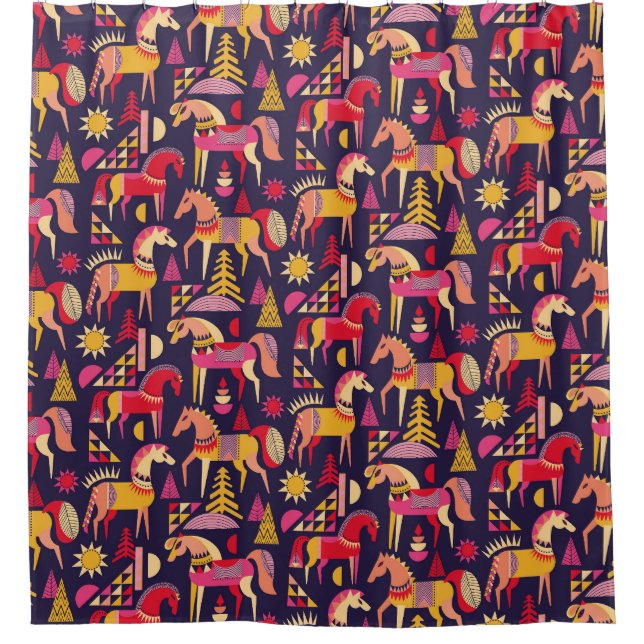 Skandinavische Pferde: Dekoratives Nahtloses Desig Duschvorhang (Vorderseite)