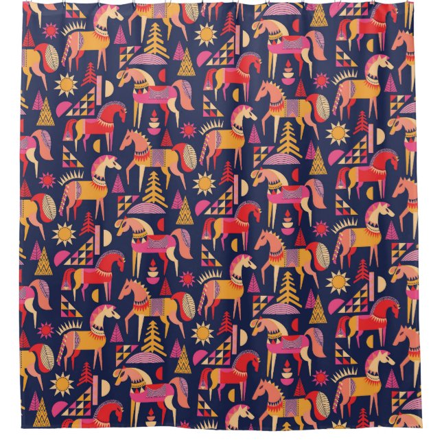 Skandinavische Pferde: Dekoratives Nahtloses Desig Duschvorhang (Vorderseite)