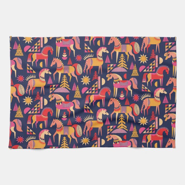 Skandinavische Pferde: Dekoratives Nahtloses Desig Geschirrtuch (Horizontal)