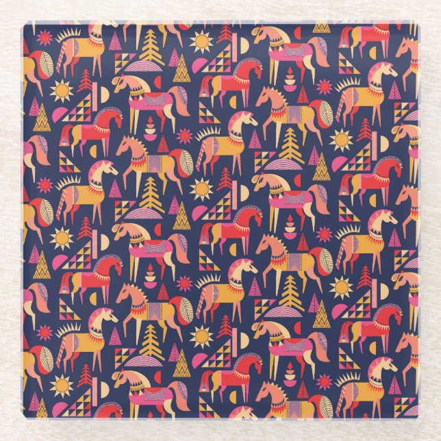 Skandinavische Pferde: Dekoratives Nahtloses Desig Glasuntersetzer (Vorderseite)