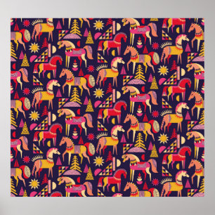 Skandinavische Pferde: Dekoratives Nahtloses Desig Poster