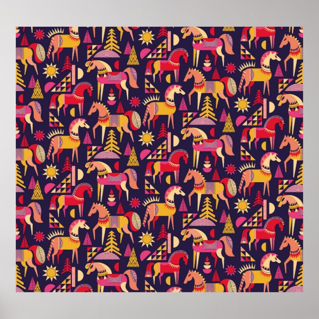 Skandinavische Pferde: Dekoratives Nahtloses Desig Poster (Vorne)